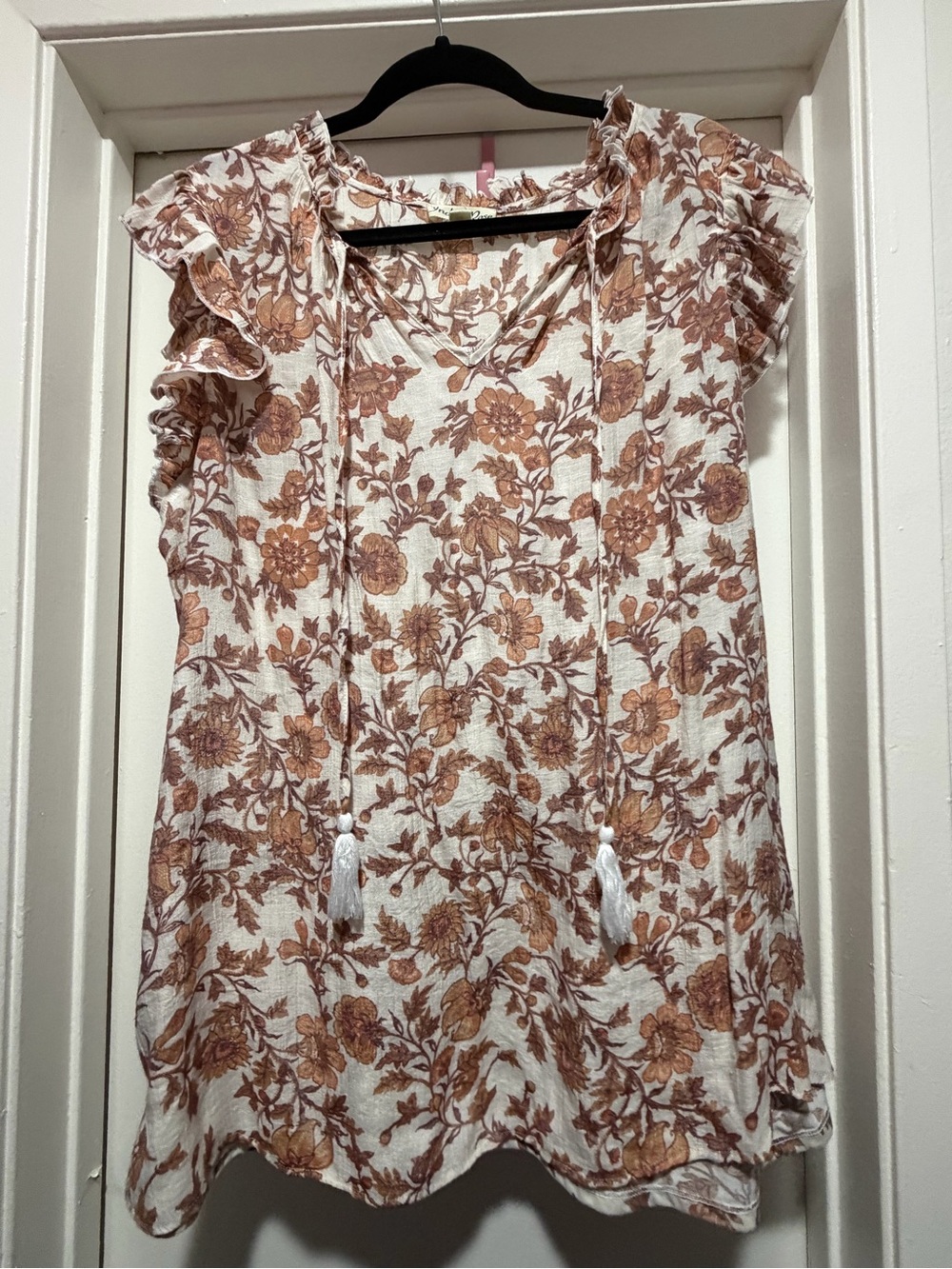 Floral Tie-Neck Ruffle Sleeve Blouse in Cream and Brown